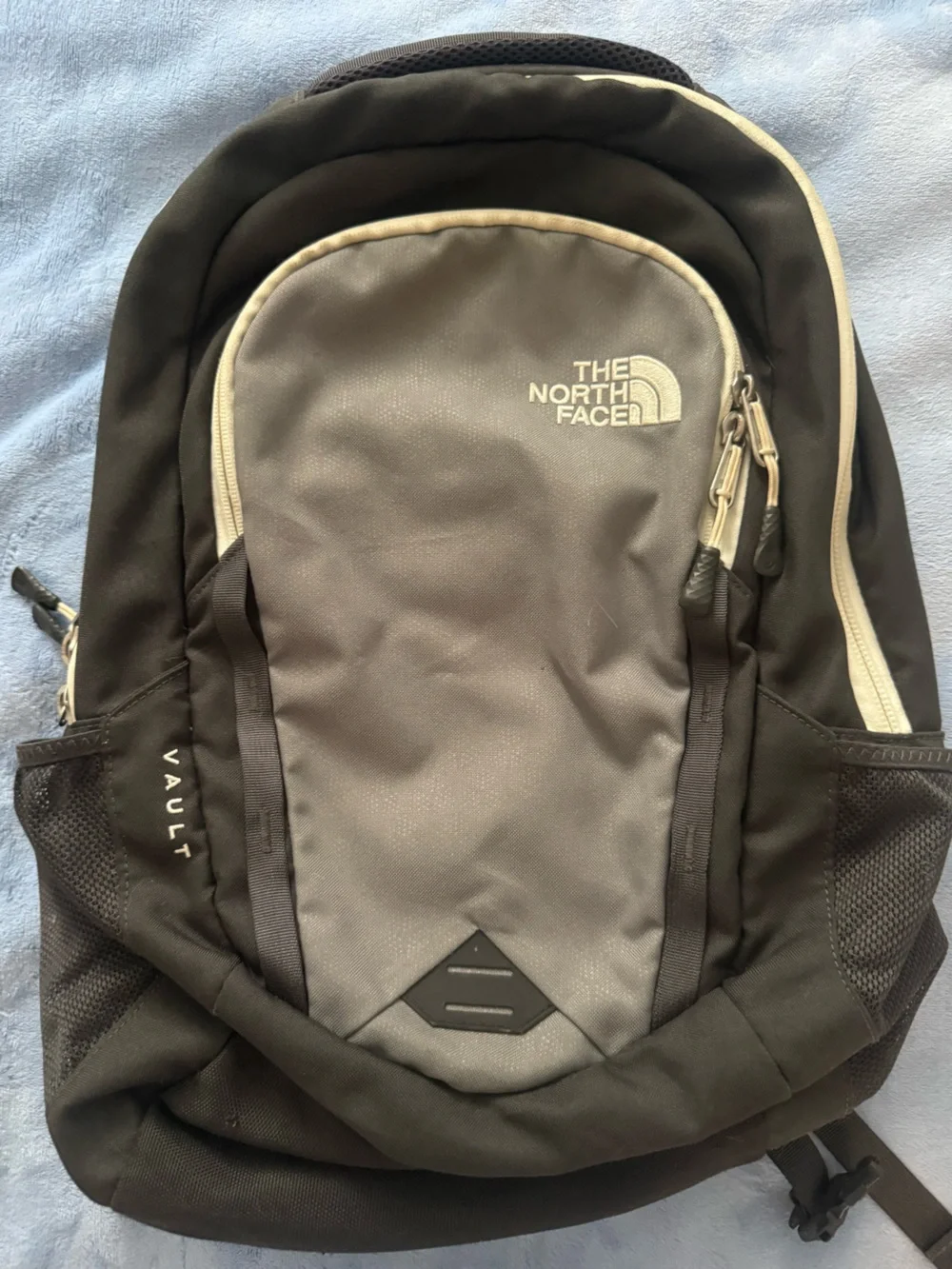 North Face Vault Backpack in Black and Gray with Cream Trim